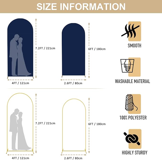 Metal Arch Backdrop Stand and Cover Set 7.2FT 6FT Gold Arch Stand Frame with Navy Blue Spandex Fitted Arch Covers for Wedding Party Reception Decorations
