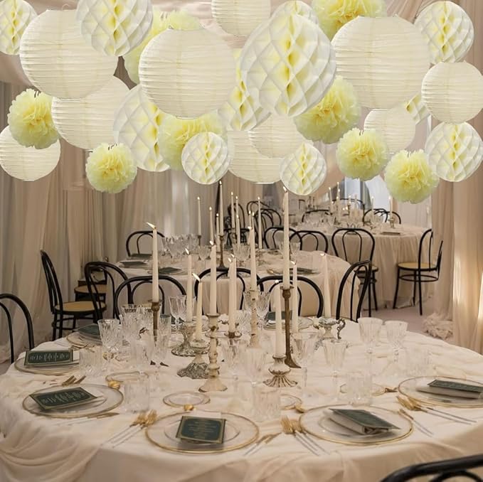 WOLHOWLTD Beige Paper Decoration Set - 34 Pcs Paper Lanterns, Pompoms, Honeycomb for Wedding,Harvest, New Year,School Day,Bridal Baby Shower,Birthday Party Classroom,Home Garden Decoration (Beige)