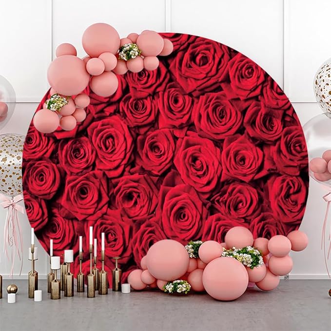 Laeacco 5x5ft Red Rose Round Backdrop Valentine's Day Rose Flowers Wall Circle Backdrop Cover Couple Lovers Portrait Photography Background for Wedding Bridal Baby Shower Birthday Party Booth Prop
