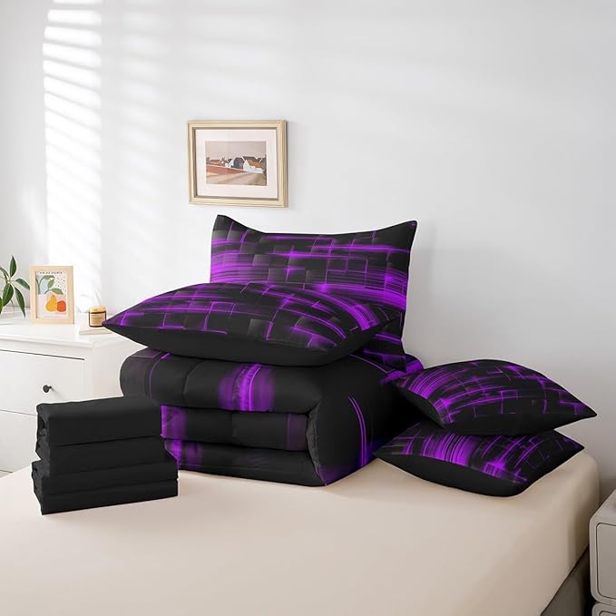Feelyou Purple Black Bedding Set Twin Size Boys Girls Geometric Strip Lines Comforter Set with Sheets 7 Piece for Bed in a Bag Abstract Modern Bed Set with Comforter,Sheets,Pillowcases