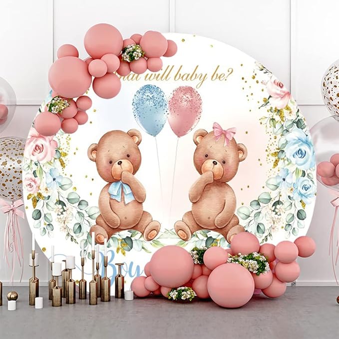 Leyiyi 7.5x7.5ft Boy or Girl Baby Shower Round Backdrop Golden Dots What Will Baby Be Lovely Bear Background for Photography Watercolor Floral Balloons Newborn Gender Reveal Party Cake Table Banner