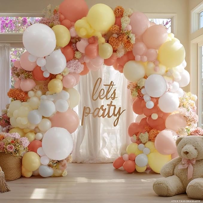 Pink Yellow Peach Balloons with Hydrangea Artificial Flowers, Double Stuffed Pastel Pink Coral White Ivory Balloon Arch for Baby Shower Birthday Wedding Bridal Shower Wildflower Party Decorations