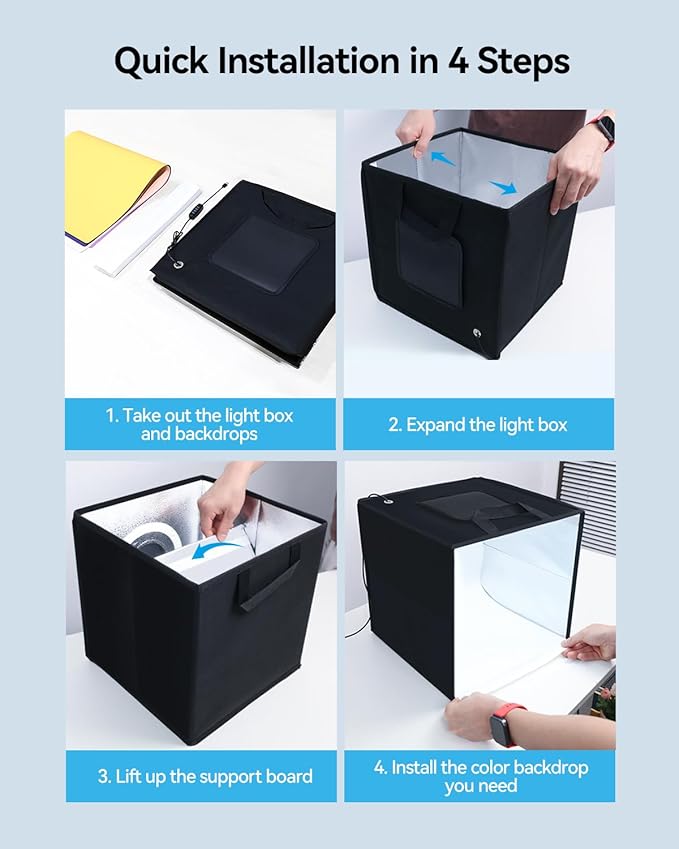 Takerers 12"x12"x12" Photo Studio Light Box Photography Booth with 120 LEDs, 3000-5700k Adjustable, 6 Color Backdrops, Dimmable Folding Shooting Tents for Product