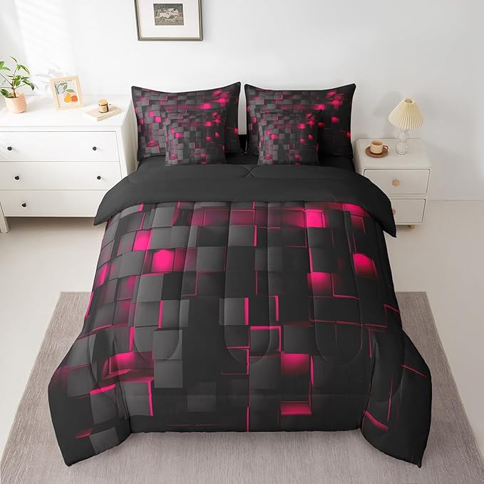 Feelyou Rose Red and Black Bedding Set Twin Size Kids Light Geometric Comforter Set with Sheets 7 Piece Bed in a Bag forModern Bed Set with Comforter,Sheets,Pillowcases,Cushion Covers