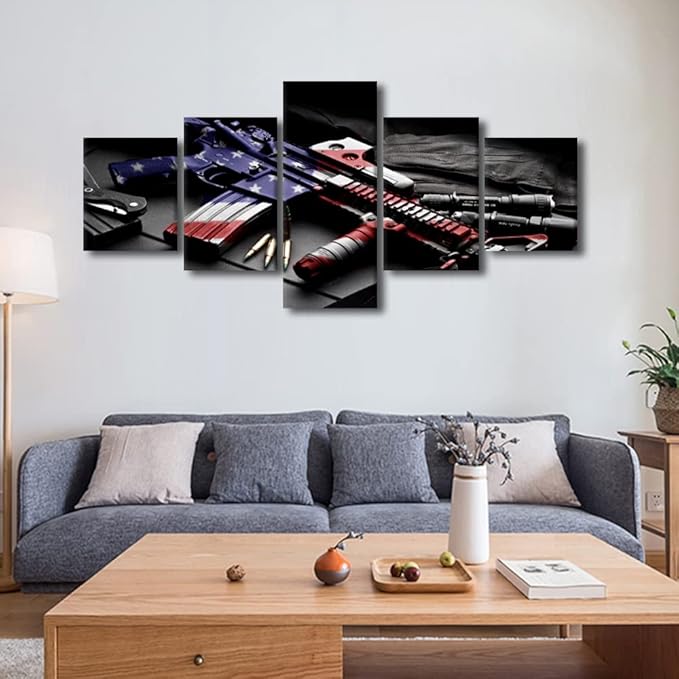 Retro Gun American Flag Military Canvas Print Art Independence Day Home Decor Wall Art Pictures for Living Room 5 Panel Large Poster Painting Stretched by Wooden Framed Ready to Hang 50"Wx24"H