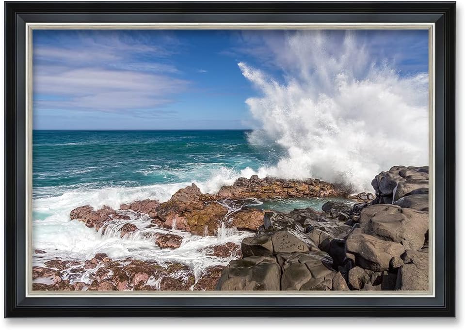 IPIC - Waves Crashing at Queen's Bath, Personalized Ideal Gift Custom Framed Wall Art with Names and Date, Giclee Prints with Solid Wood Frame, Memorable Present. Wall Art for Home Decor.