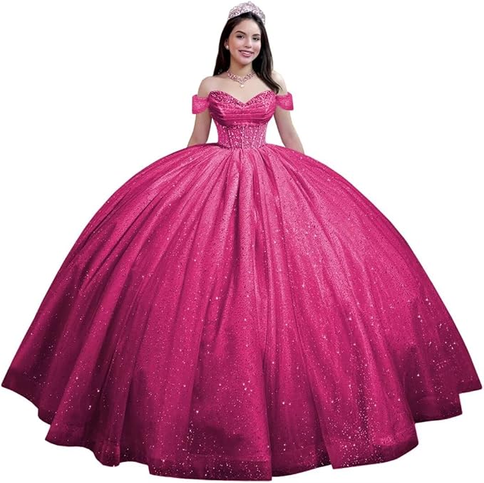 Youjiayi Glitter Tulle Quinceanera Dresses with Train Off Shoulder Beaded Sweet 16 Dresses Pleated Long Ball Gown for Women