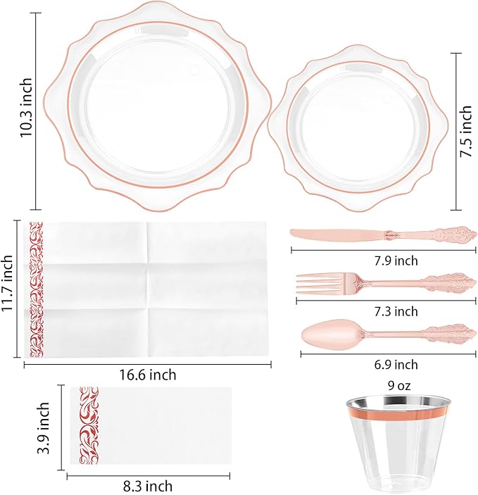 350 PCS Clear and Rose Gold Plastic Plates, Rose Gold Disposable Plates for 50 Guests, Includes 100 Disposable Plates, 50 Cups, 150 Silverwares, and 50 Napkins for Party, Wedding