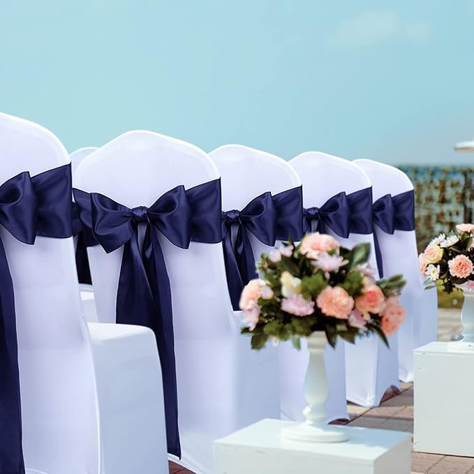 Babenest Satin Chair Sashes Ties Upgraded 50 pcs Chair Ribbons Bows for Wedding Banquet Party Christmas Baby Shower Events Decoration (Navy Blue)
