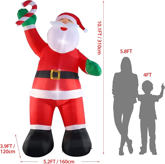 10ft Inflatable Christmas Decorations, Christmas Santa Claus with Candy with LED Light Blow Up for Christmas Party Indoor, Outdoor, Yard, Garden, Lawn
