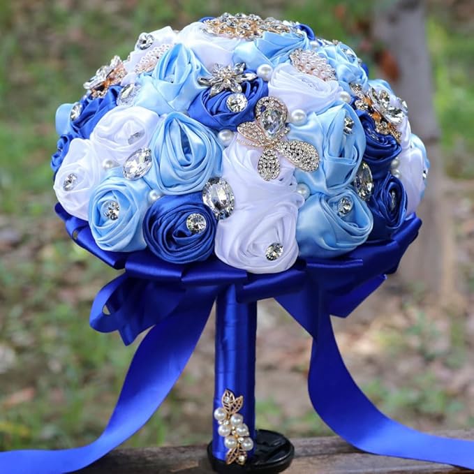 Wedding Bridal Bouquet Handmade with Bling Rhinestone Brooch Pearl for Bride Bridesmaid Quinceanera Bouquet Satin Rose Flower Bouquet Wedding Royal Blue Light Blue and White 9.8in