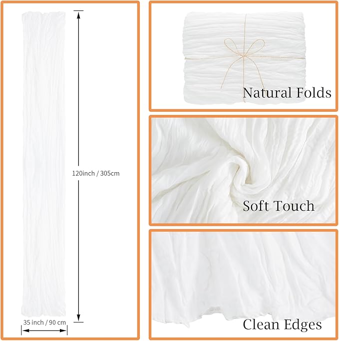 combocube 12 Pack 35x120 Inch 10Ft Cheesecloth Long Table Runner Gauze Rustic Romantic Table Cloth for Wedding Reception Bridal Shower Holiday Birthday Party Table Decorations, White