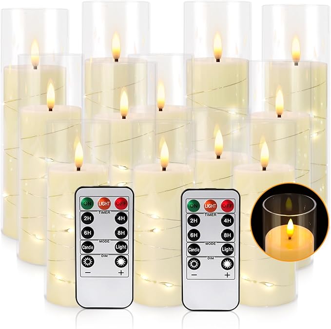 Flickering Flameless Candles Battery Operated with Remote,Led Pillar Candles with Realistic Moving Wick Candles for Halloween,Christmas,Home Decor Pack of 12 (D2.2 xH 5" 6" 7")(Ivory)