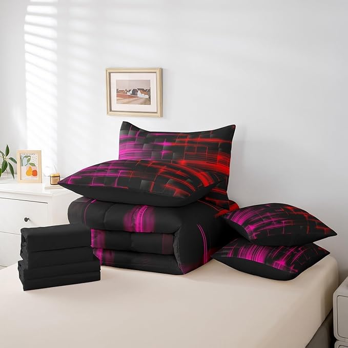Feelyou Red and Rosered Comforter Set with Sheets 7 Piece Full Size Kids Geometric Bed in a Bag Strip Lines Bedding Set Abstract Art Bed Set with Comforter, Sheets,Pillowcases,Cushion Covers