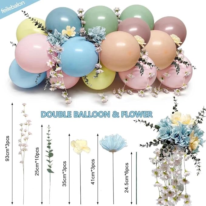 Pastel Balloon Arch Kit with Artificial Flowers, Double Stuffed Light Baby Pink Blue Yellow Green Peach Floral Balloon Garland for Wedding Baby Shower Birthday Fairy Bridal Shower Tea Party Decor