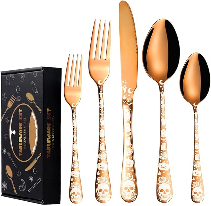 XIAOYU 40 Piece Halloween Gothic Skull Pattern Silverware Set, Stainless Steel Flatware Set for 8, Tableware Cutlery Set with Unique Skull Design, Perfect for Halloween Easter and Christmas, Rose Gold