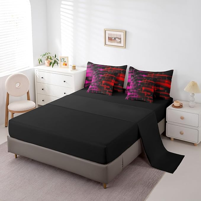 Feelyou Red and Rosered Comforter Set with Sheets 7 Piece Queen Size Kids Geometric Bed in a Bag Strip Lines Bedding Set Abstract Art Bed Set with Comforter, Sheets,Cushion Covers