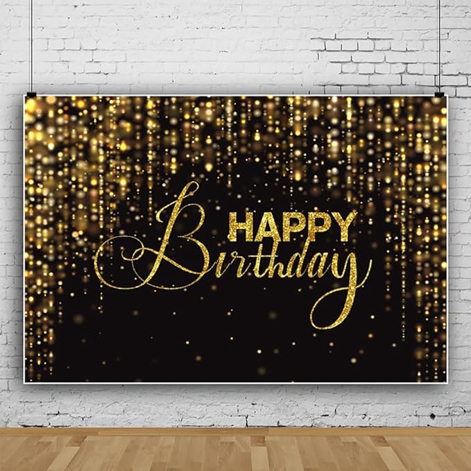 Happy Birthday Backdrop for Photography 10x7ft Luxury Black and Gold Birthday Party Backdrop Background Banner Bokeh Glitter Men Birthday Party Decorations Supplies Wallpaper Studio Props
