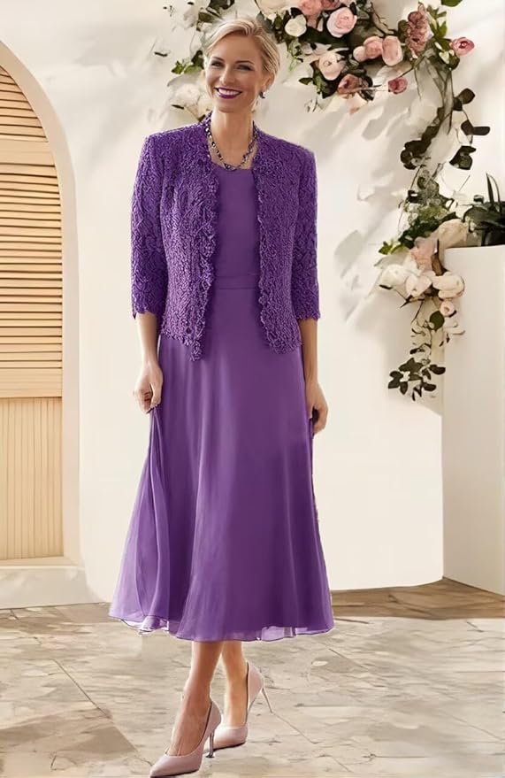 Tea Length Grandmother of The Bride Dresses with Jackets Elegant Laces Mother of Bride Dress for Wedding Guests