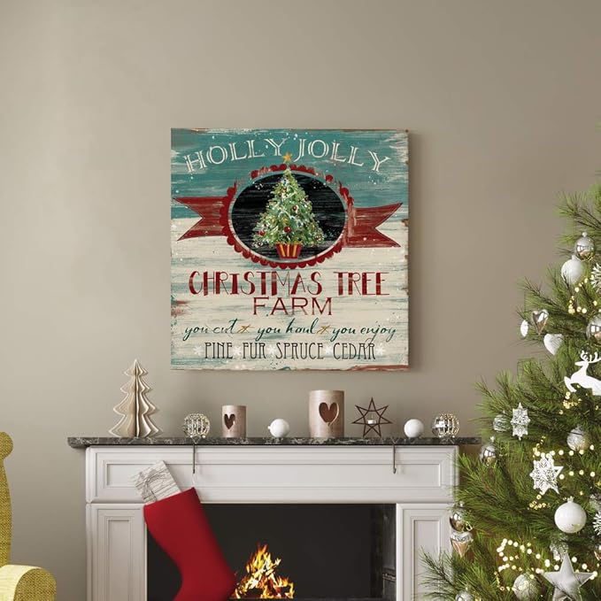 Renditions Gallery Holly Jolly Christmas Tree Farm Wall Art, Cute Winter Decor, Vintage Faux Wood Look, Festive, Premium Gallery Wrapped Canvas, Ready to Hang, 32 in H x 32 in W, Made in America
