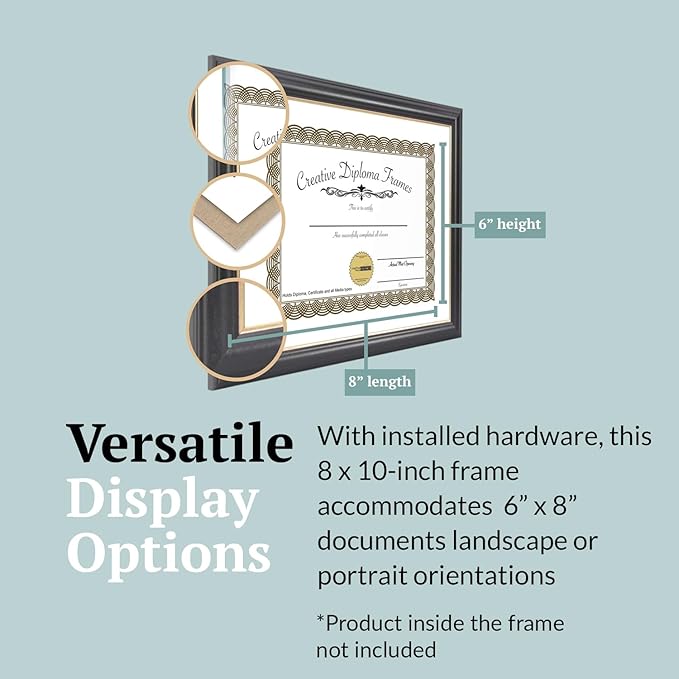 Creative Picture Frames 6" x 8" Rockefeller Black with Gold Rim Diploma Frame, Displays 6" x 8" Certificate or 8" x 10" Document without Mat, College Degree Frame, Full-Strength Glass, White Mat
