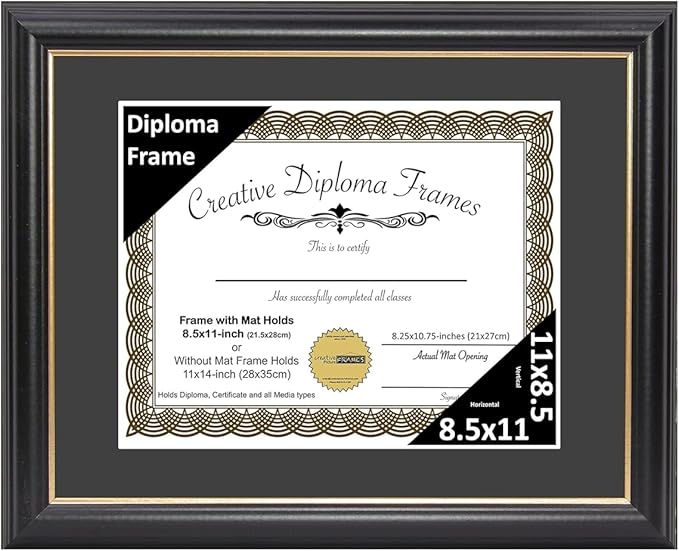 Creative Picture Frames 8.5" x 11" Rockefeller Black w/Gold Rim Diploma Frame, Displays 8.5" x 11" Certificate or 11" x 14" Document w/o Mat, College Degree Frame, Full-Strength Glass, Black Mat