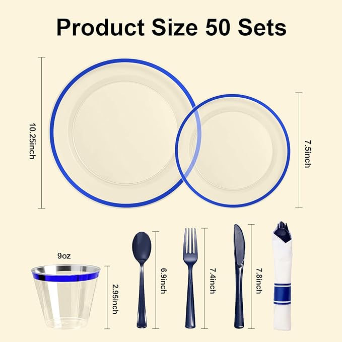 BESTSTAR 350PCS Clear and Blue Disposable Plates Set for 50 Guests, 100 Plastic Plates, 50 Cups, 50 Pre-Rolled Napkins with Plastic Cutlery for Party, Birthday, Thanksgiving, Christmas, Halloween