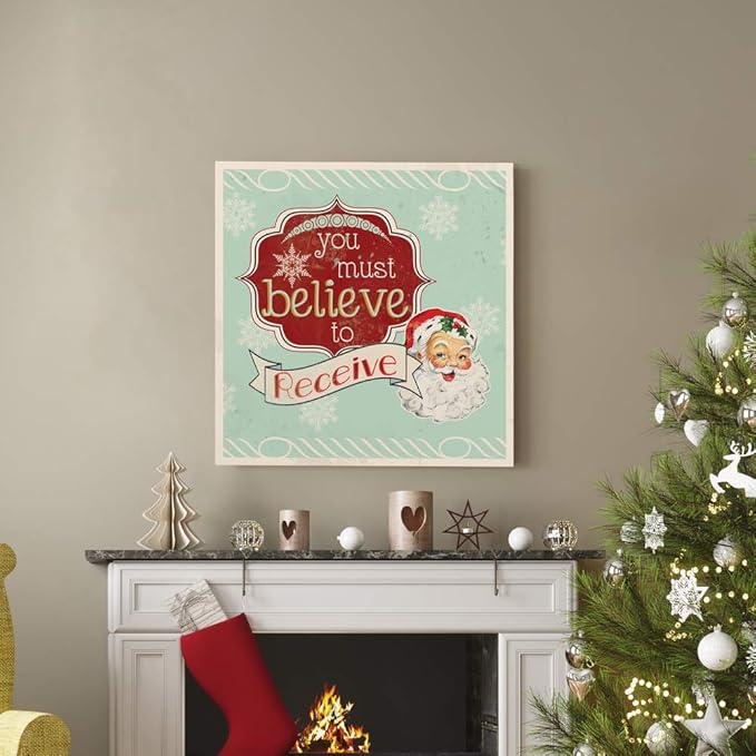 Renditions Gallery You Must Believe to Receive Santa Wall Art, Christmas & Winter Artwork, Holiday Decor, Red & White, Premium Gallery Wrapped Canvas, Ready to Hang, 24 in H x 24 in W, Made in America