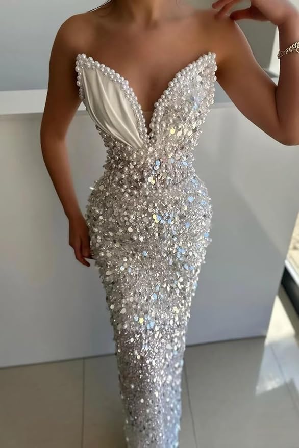 Sparkly Sequin Mermaid Prom Dresses Long V Neck Satin Beaded Pleated Tight High Waist Formal Dresses Evening Party Gowns