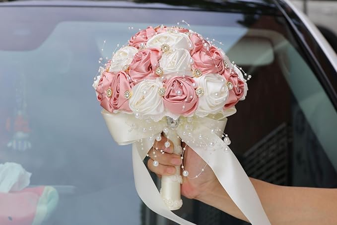 Handmade Wedding Bouquets for Bride Bridesmaid Brooch Bouquet Artificial Holding Flower Tossing Bouquet for Wedding Ceremony Anniversary(Ivory/Pink, 19cm)