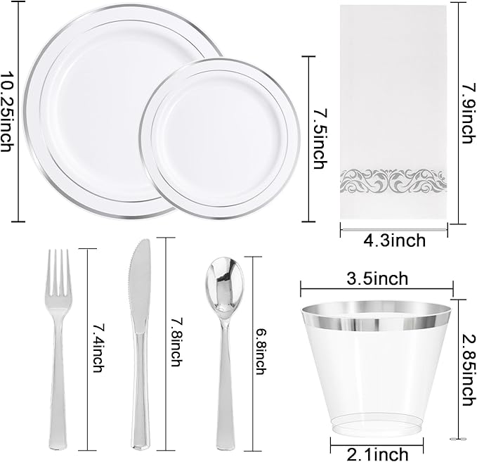 WELLIFE 700 Pieces Silver Plastic Dinnerware Set for 100 Guests - Includes Plates, Cups, Napkins, and Disposable Cutlery - Elegant White & Silver Design, Perfect for Parties and Events