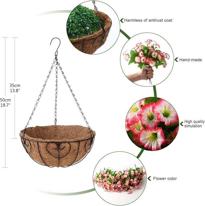 Homsunny Artificial Faux Hanging Flowers Baskets for Outdoor Spring Decoration,Fake Silk Plants for Outside Indoors Porch Patio Home Summer Decor(Pink)