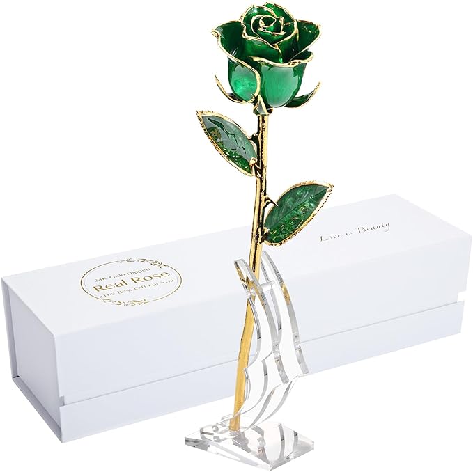 24K Gold Real Rose, Gold Dipped Rose Made from Real Rose Best Gifts for her and Great Gifts for Mom (Green Original Rose with Stand)