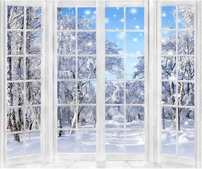 10x6.5ft Winter Backdrop Christmas Backdrops for Photography Window Snowy Wonderland New Year Background Family Gathering Party Banner Decorations Portrait Photo Booth Props