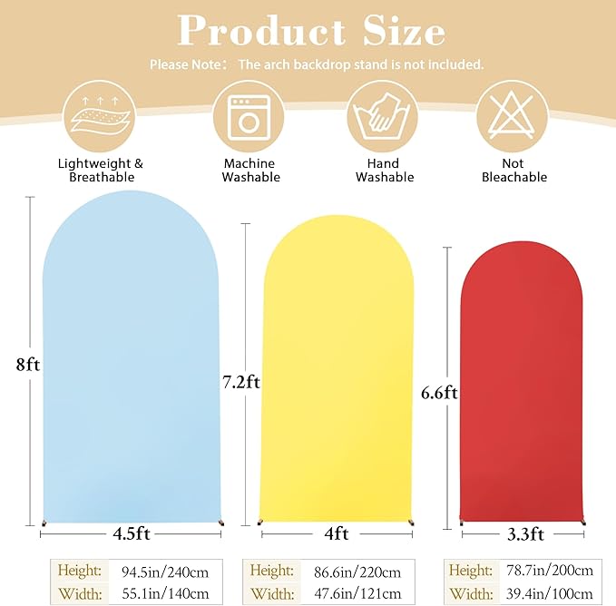 Red Yellow Blue Arch Backdrop Cover 3 Set-8FT, 7.2FT, 6.6FT, Spandex Fitted Wedding Arch Stand Covers for Baby Shower Birthday Party Wedding Photo Balloon Arch Stand Background Decorations