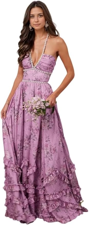 Floral Printed Chiffon Prom Dress for Carmen 2025 Long V Neck Floor Length Photoshoot Dress with Side Slit Ruched