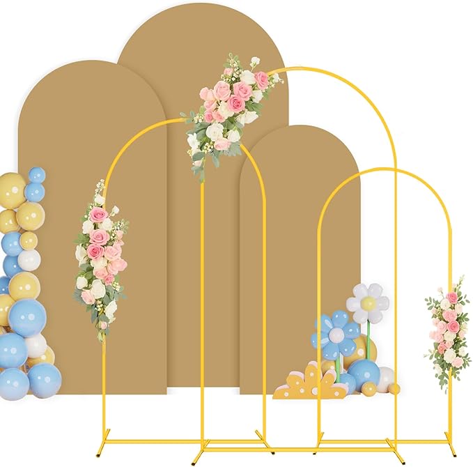Metal Arch Backdrop Stand and Cover Set of 3 (7.2FT, 6.6FT, 6FT) Balloon Wedding Arches with Backdrops Covers Spandex Chiara Backdrop Stands for Parties Brown Arch Stand Cover for Birthday