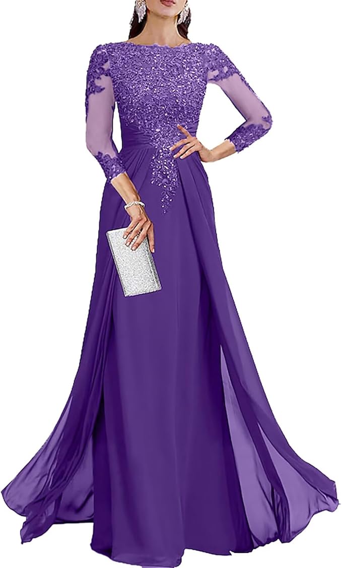 Long Sleeve Mother of The Bride Dresses for Wedding Lace Appliques Chiffon Formal Dress He6052