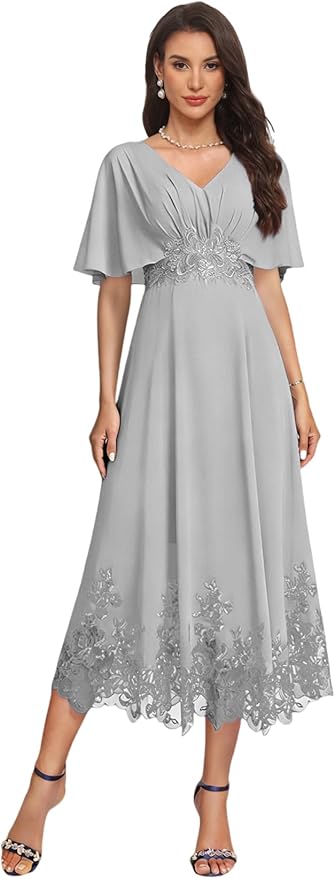 Tea Length Mother of The Bride Dress with Sleeves Laces Formal Evening Gowns for Wedding V Neck Wedding Guest Gown ZMX37
