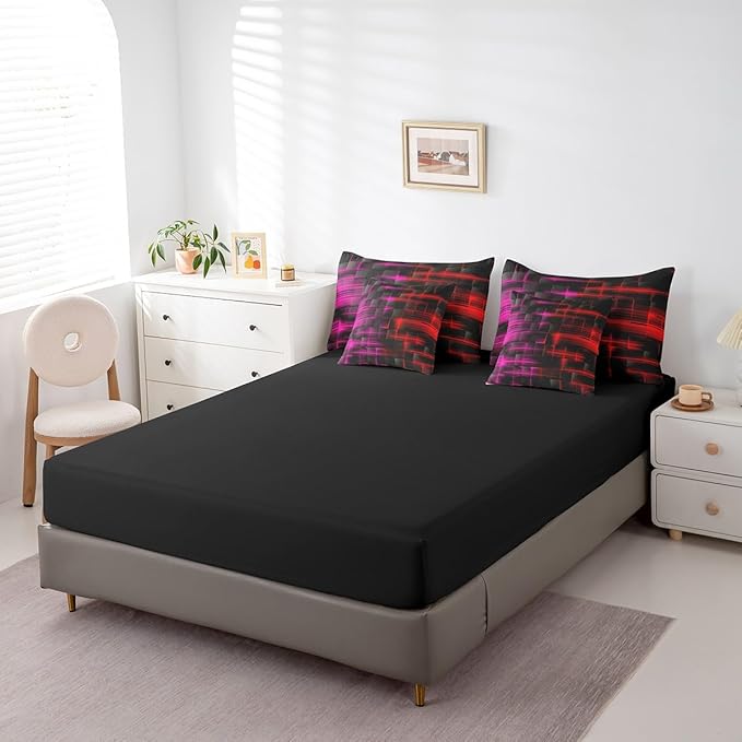 Feelyou Red and Rosered Comforter Set with Sheets 7 Piece Twin Size Kids Geometric Bed in a Bag Strip Lines Bedding Set Abstract Art Bed Set with Comforter, Sheets,Pillowcases,Cushion Covers