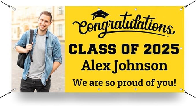 Personalized Graduation Photo Vinyl Banner Sign - Class of 2025 Custom Photo and Name - Milweb1 - Yellow/Black - 2'x4'