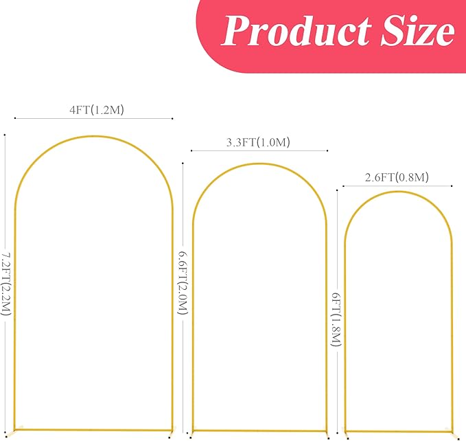 Asee'm Metal Arch Backdrop Stand Set of 3 (7.2FT, 6.6FT, 6FT) Gold Arched Frame for Wedding Ceremony Parties Birthday Baby Shower Garden Balloon Decoration