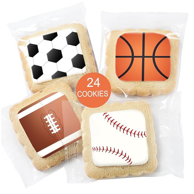 Sports themed Cookies Individually Wrapped Theme Candy Party Favors 24 Pack Bulk for Kids Game League Birthday Party Soccer Football Basketball Baseball Decorated Sugar