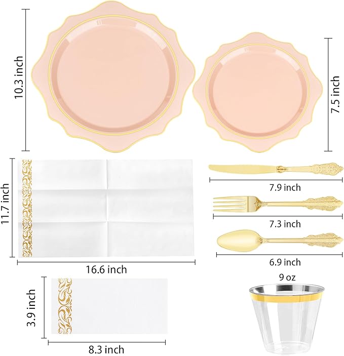 350 PCS Pink and Gold Plastic Plates, Gold Disposable Plates for 50 Guests, Includes 100 Disposable Plates, 50 Cups, 150 Silverwares, and 50 Napkins for Party, Wedding and Graduation