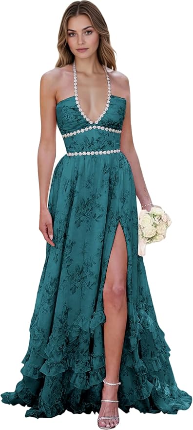 Floral Printed Chiffon Prom Dress for Carmen 2025 Long V Neck Floor Length Photoshoot Dress with Side Slit Ruched