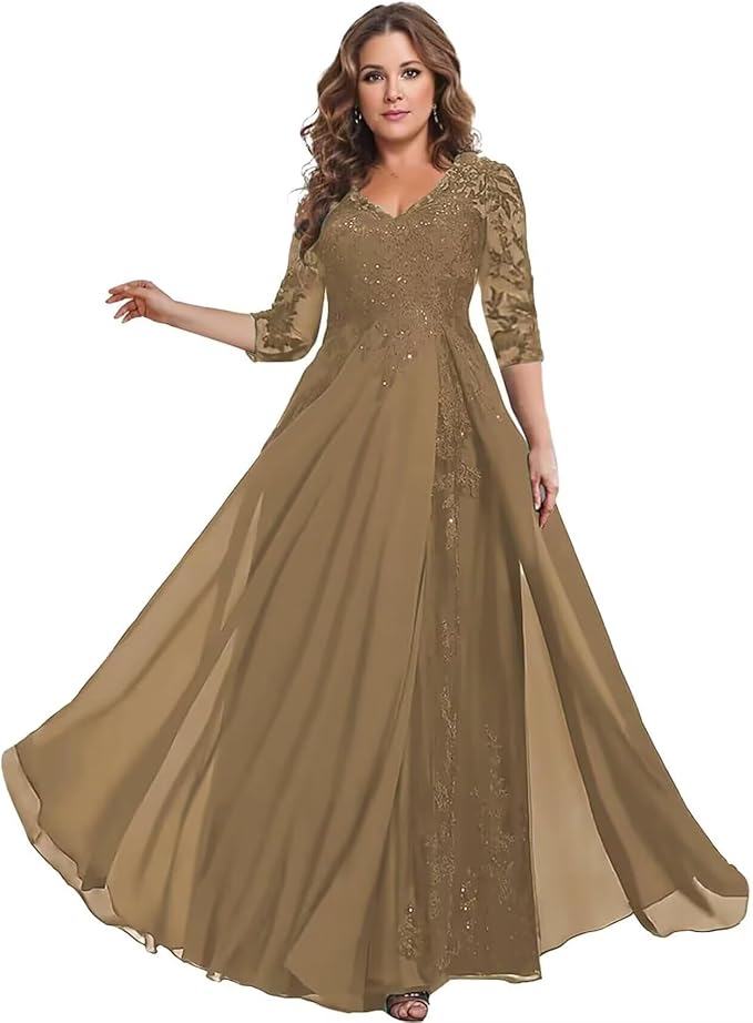 Long Sleeve Mother of The Bride Dress for Wedding Chiffon Lace Applique Formal Gowns BOF163