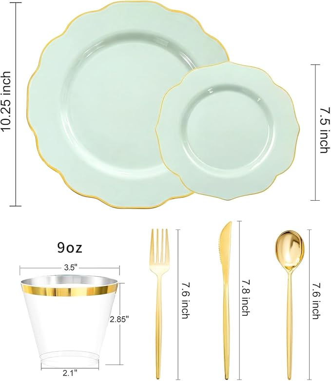 bUCLA 180PCS Green Plastic Plates - Disposable Sage Green with Gold Rim - Include 30 (Dinner & Dessert) Plates, 30 Knives, 30 Forks, 30 Spoons and 30 Cups for Party & Spring