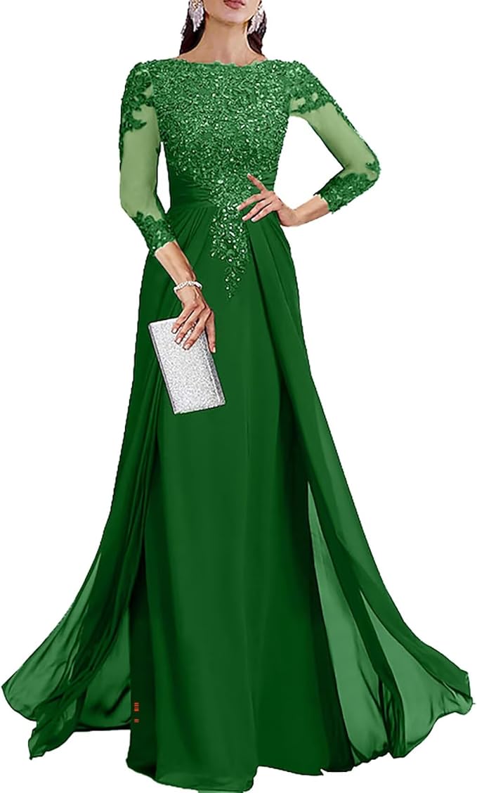 Long Sleeve Mother of The Bride Dresses for Wedding Lace Appliques Chiffon Formal Dress He6052
