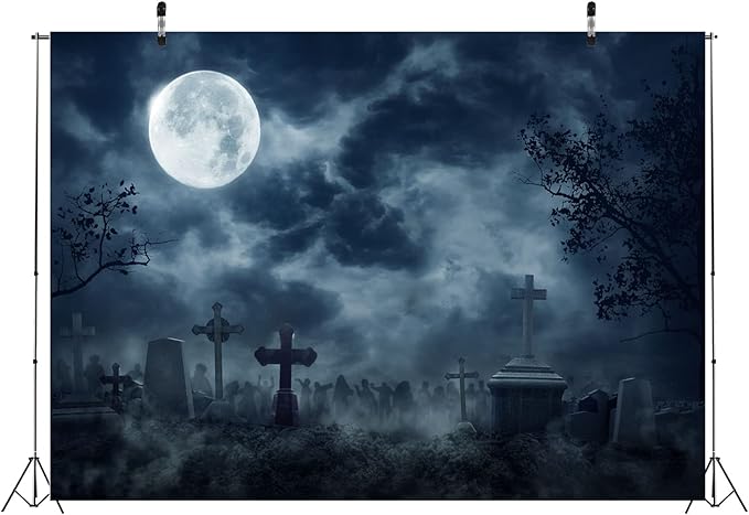 BELECO 12x10ft Fabric Halloween Cemetery Zombies Photography Backdrop Scary Graveyard Spooky Dark Night Full Moon Background Zombie Party Decorations Horror Hallowmas Kids Adults Photo Booth Props