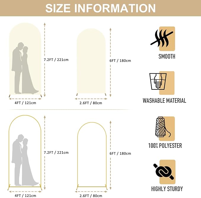 6FT 7.2FT Metal Arch Stand and Cover Set of 2 Ivory Arch Stand Cover for Round Top Stands for Bridal Baby Shower Spandex Arched Stand Cover for Birthday Party Wedding Ceremony Decorations